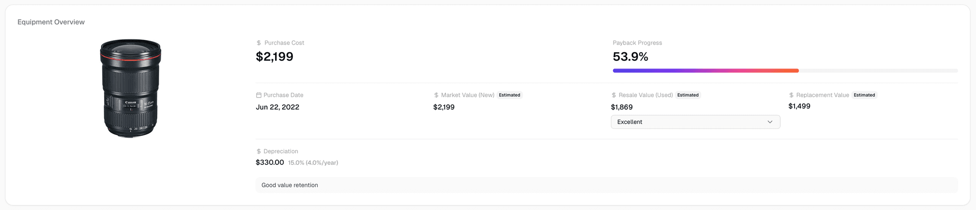 Equipment overview showing depreciation, resale value, and market value estimates