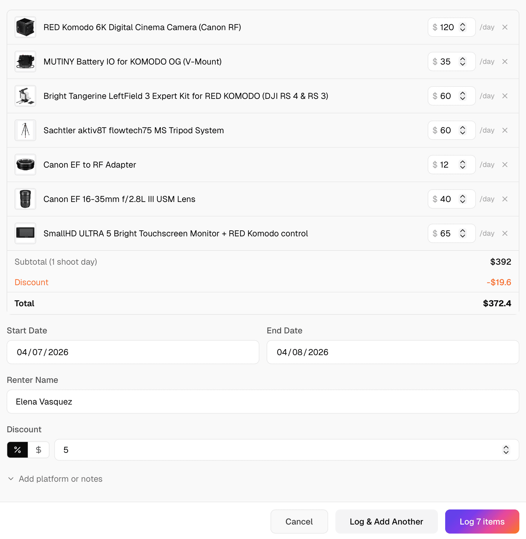 Manual rental logging form for off-platform bookings